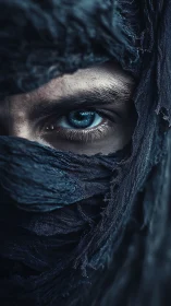 Macro ocular portrait in tattered indigo textile shrouding.