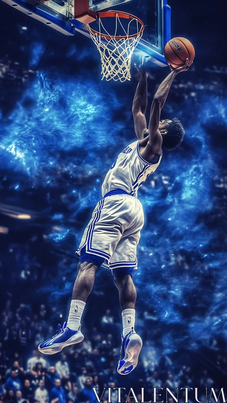 High-altitude basketball dunk with dynamic blue energy field