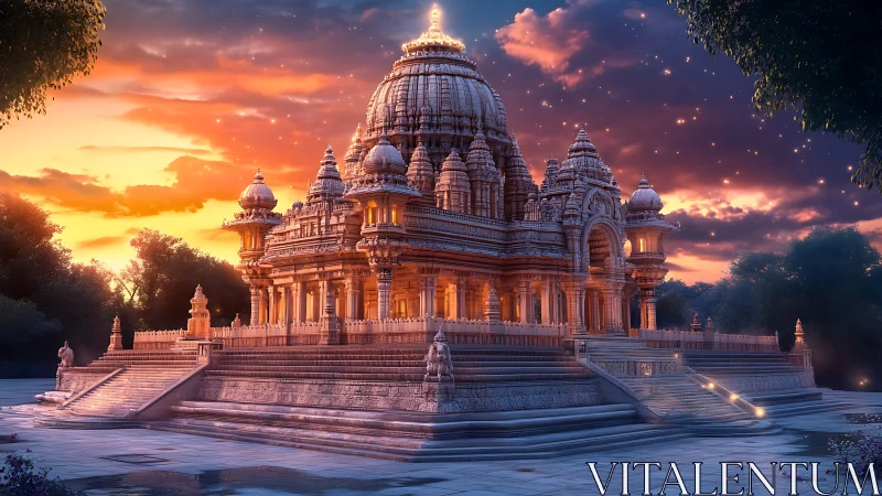 Sunlit marble temple under glowing twilight skyscape.