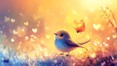 Cute blue bird and butterfly in dreamy, colorful fantasy art.