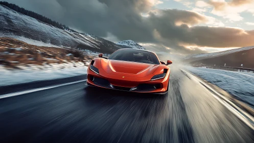 Red sports coupe on wet winter highway in mountain pass.