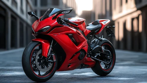 Red aerodynamic supersport motorcycle in narrow urban alley