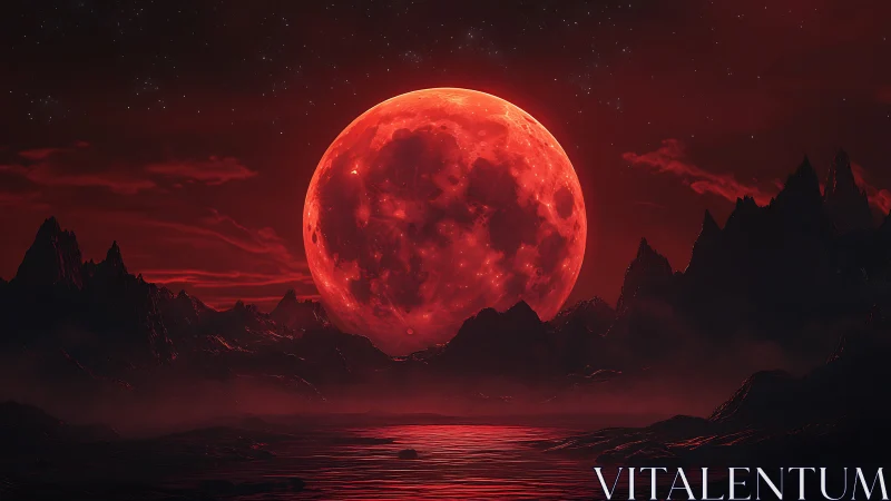 Large red moon rises over dark mountainous alien landscape