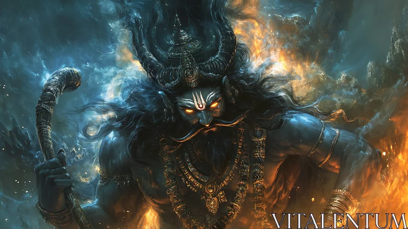 Mythic war god emerges from storm and fire in vivid detail.