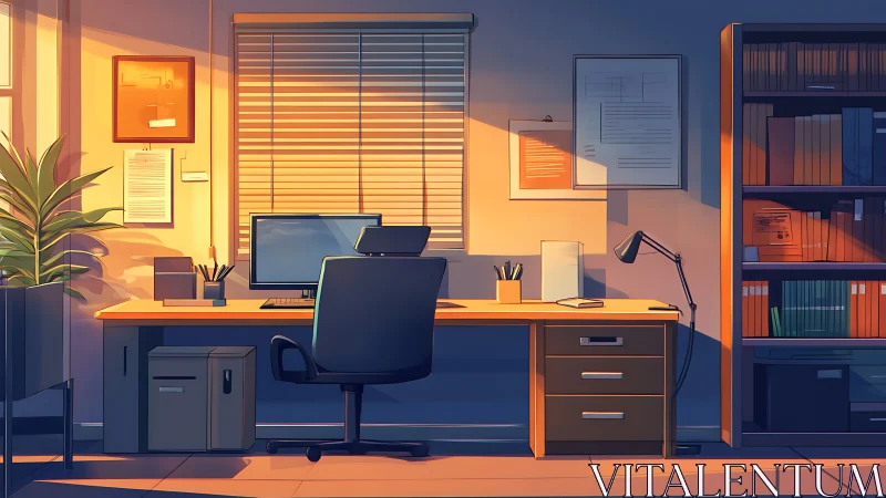Warm sunset light over organized modern office desk.