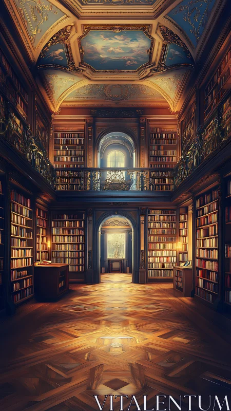 Sunlit baroque library interior with ornate ceiling.