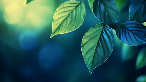 Green and blue leaves hang sharply against blurred bokeh