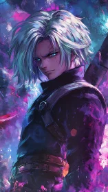 Silver-haired anime warrior stands in neon storm glow