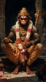 Regal monkey deity seated in ornate temple setting.
