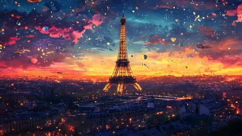 Dreamlit Eiffel Tower rises over Paris in a magical sunset sky
