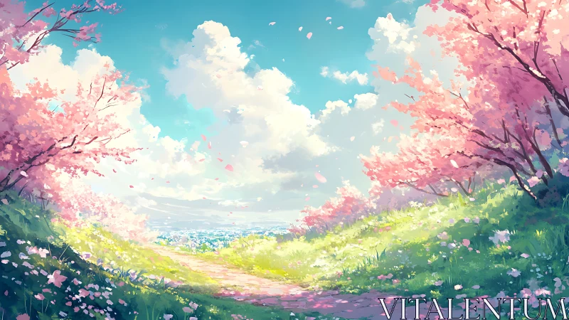 Cherry blossom path under clear sky in digital landscape.