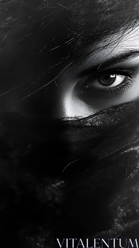 Veiled monochrome eye cuts through deep surrounding shadow