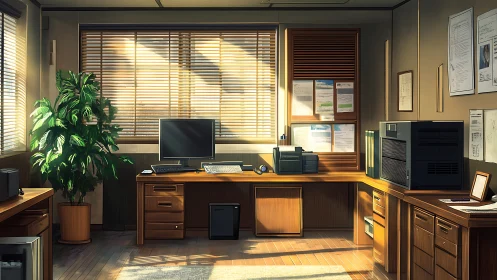 Sunlit office interior with wooden desks and equipment.