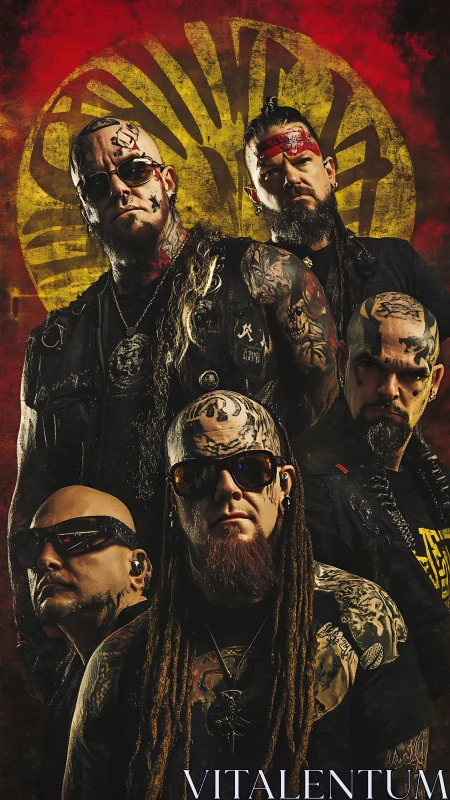 Tattooed metal band posed against grunge sunburst backdrop