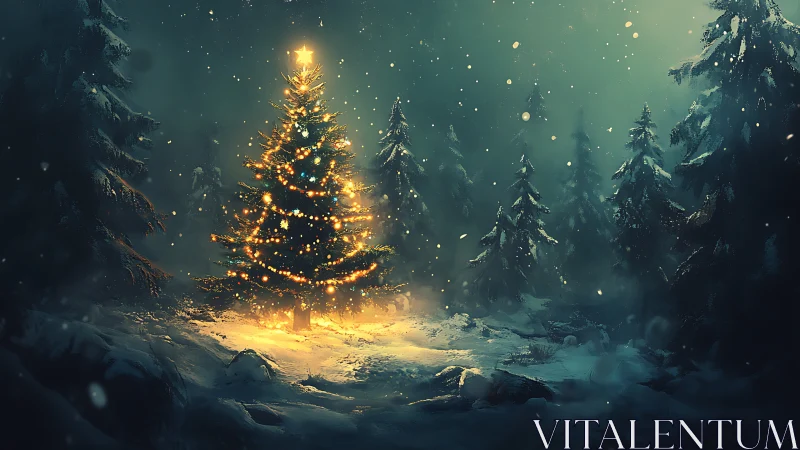 Glowing Christmas tree stands in snowy winter forest at night.