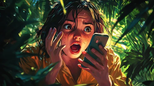 Shocked young woman stares at her phone in lush jungle light