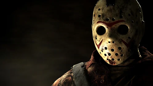 Masked figure with perforated helmet stands in dim lighting