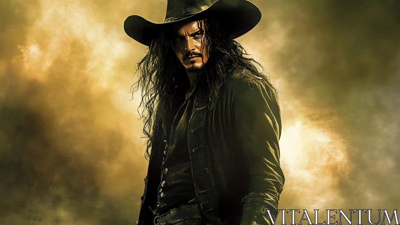 Dark gunslinger stands in golden stormlit desert haze.