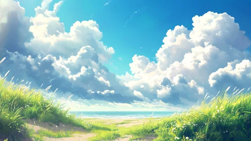 Expansive coastal clouds dominate a tranquil sunlit shoreline