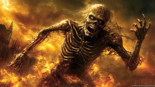 Fiery skeletal giant strides through a storm of roaring flames.