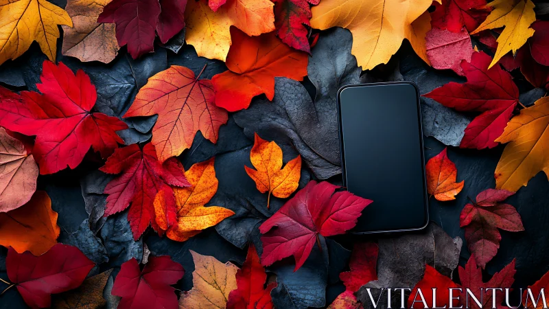 Smartphone on slate among vivid autumn maple foliage