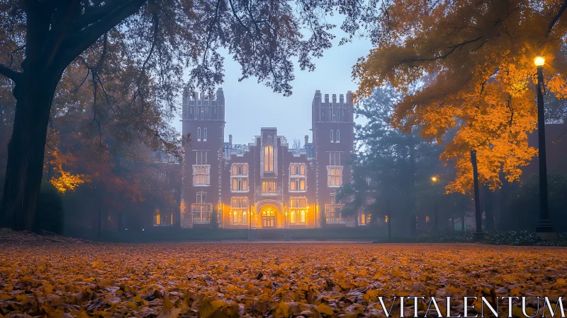 Gothic campus facade glows through mist amid autumn foliage
