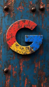 Weathered multicolor G logo on rusted blue metal surface.