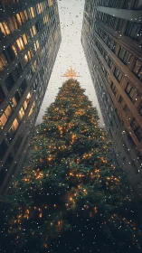 Towering city Christmas tree glows amid falling snow.
