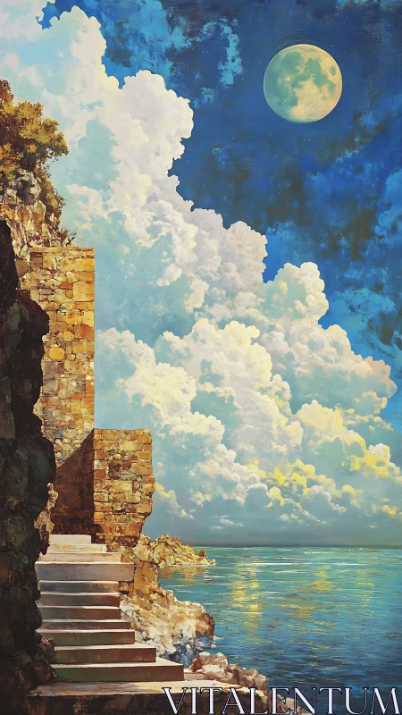 Stone coastal staircase under luminous full moon and cumulus sky