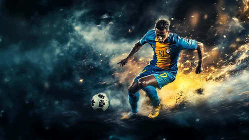 Dynamic football sprint rendered with high-contrast particle effects