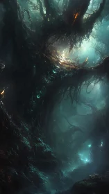 Eldritch forest heart where ghostlight roots drink night.