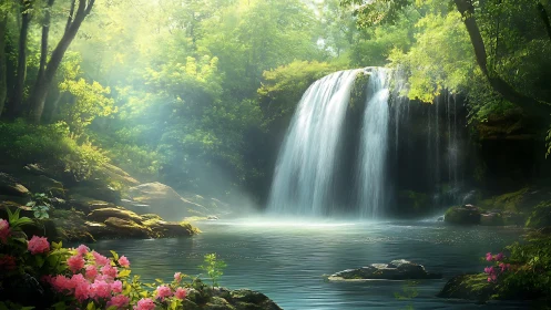 Lush forest waterfall over tranquil turquoise pool at dawn.