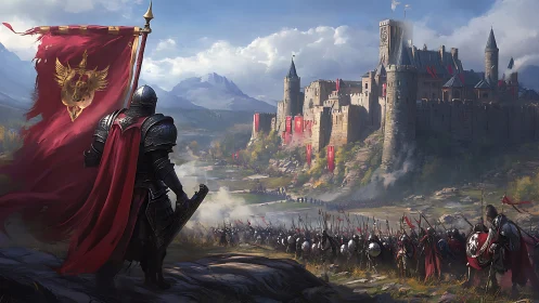 Crimson standard rises as armored legions storm the hilltop keep.