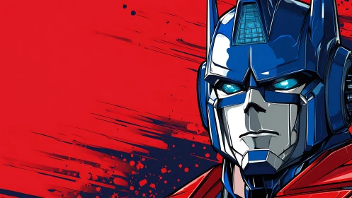 Blue robot hero portrait on bold red graphic field.