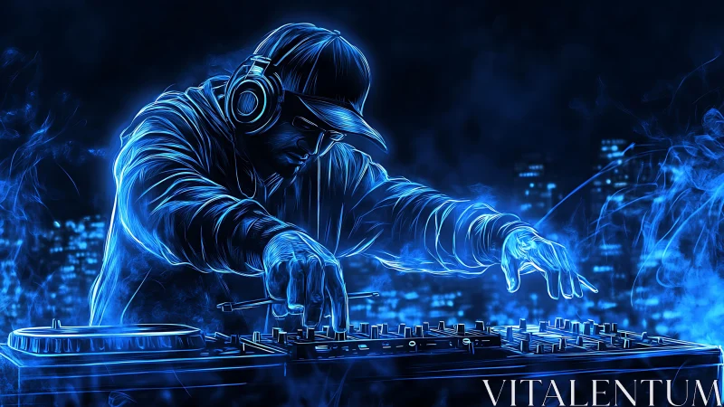 Neon lit DJ mixing beats in a glowing electric nightscape.