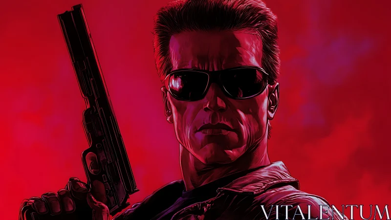 Cybernetic enforcer holds handgun against crimson backdrop