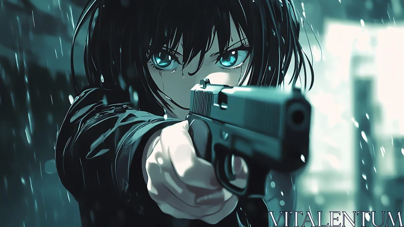 Blue eyed anime assassin aims pistol through driving rain.