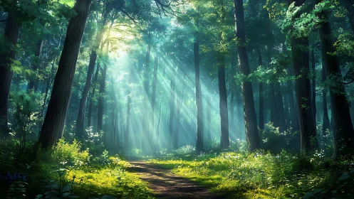 Sunlight streaming through lush green forest in realistic style.