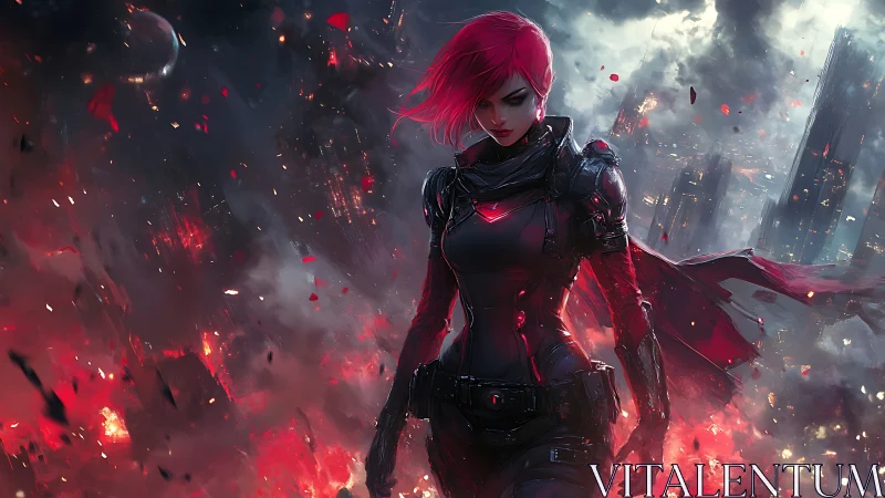 Red‑haired cyber warrior walks through burning future city.