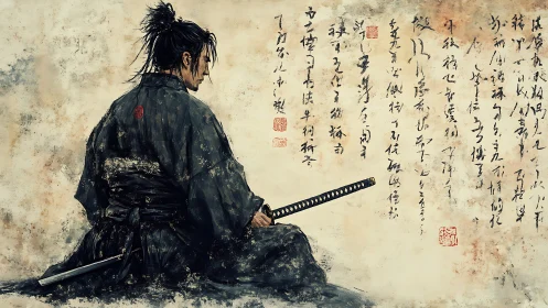 Samurai in contemplative seiza before calligraphic parchment field.