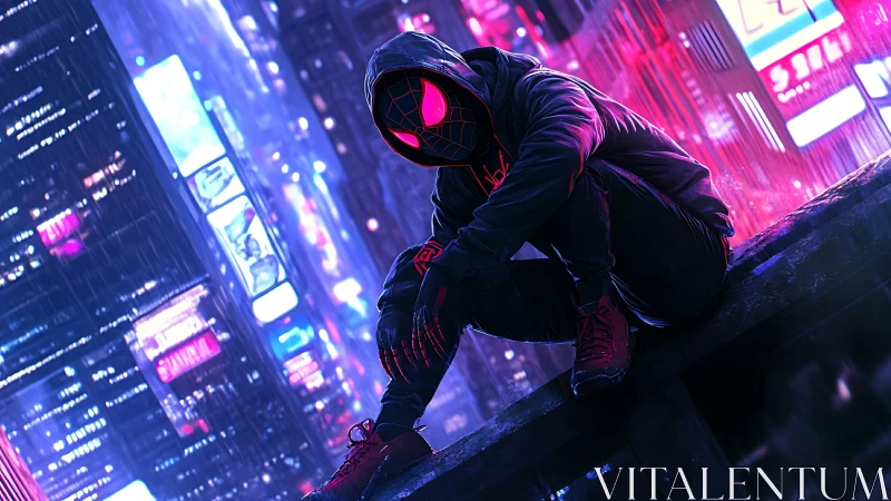 Hooded spider hero perched above neon city at night.