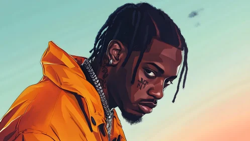 Digital portrait of braided man in orange jacket profile.