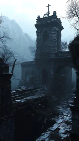 Gothic mountain chapel ruins in cinematic blue-gray lighting.