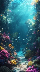 Radiant benthic corridor with volumetric caustics and coral bloom.