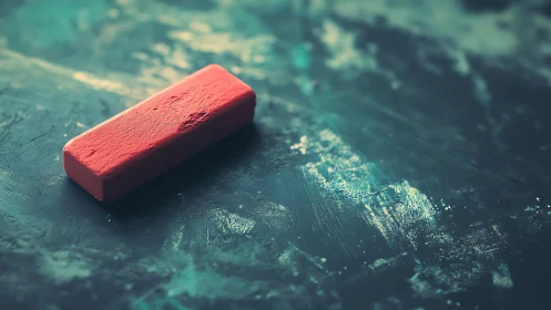 Red pastel block rests on textured teal painterly surface