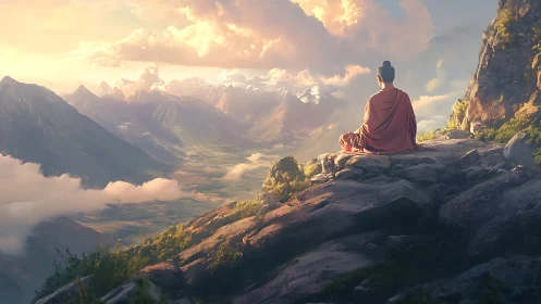 Monk in orange robe meditating above vast mountain valley.