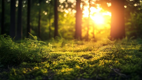Sunlit forest floor with ferns in soft golden morning light, nature scene.