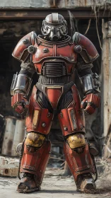 Red power armor exosuit dominates postapocalyptic yard.