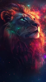Cosmic lion portrait in neon-spectral digital painting style.