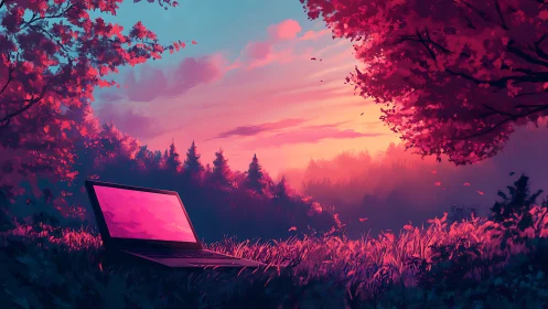 Laptop rests in saturated landscape under diffuse sunset light